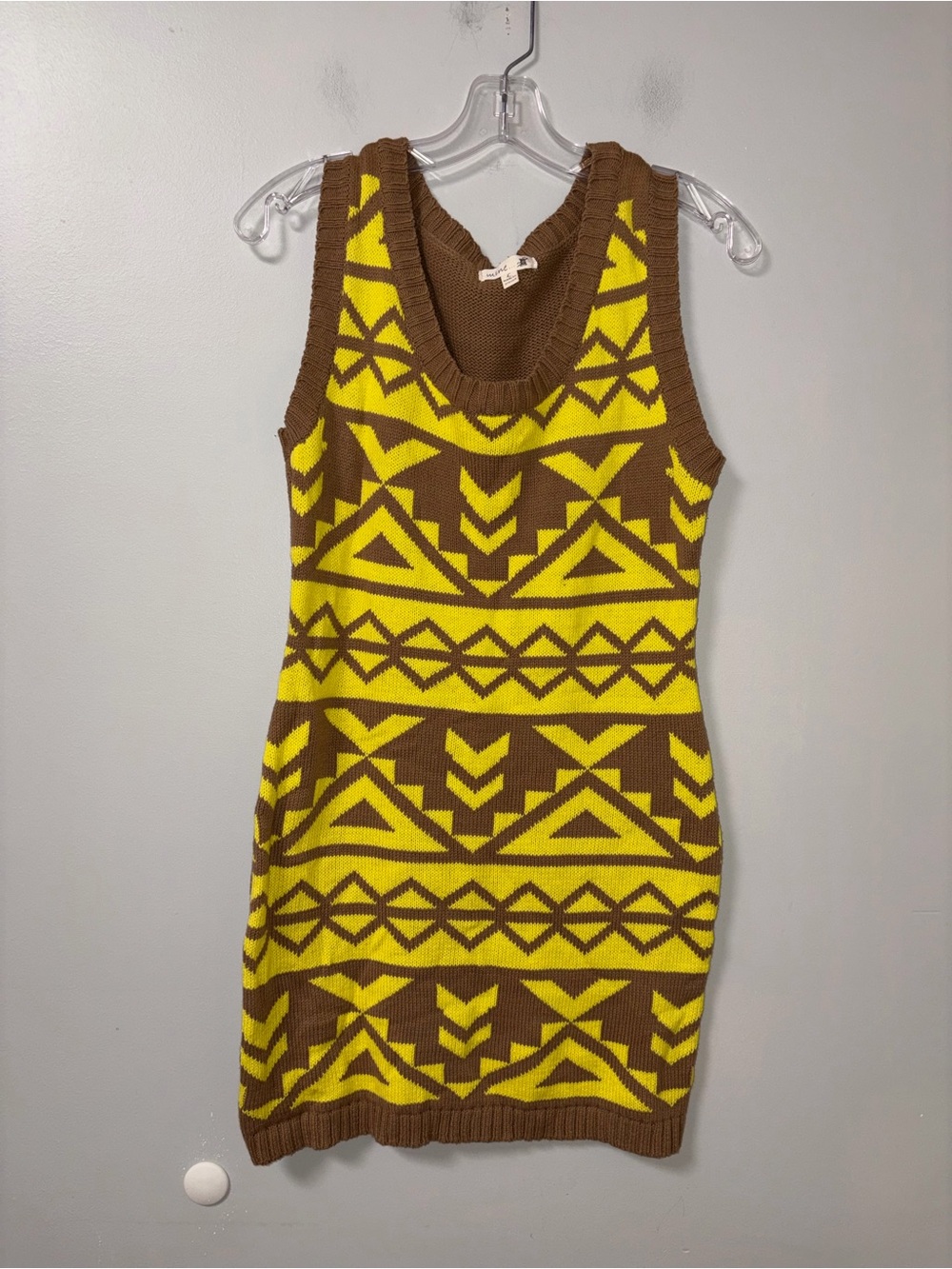 Mine Brown Yellow Aztec Tribal Print Fitted Sleeveless Sweater Dress Juniors L